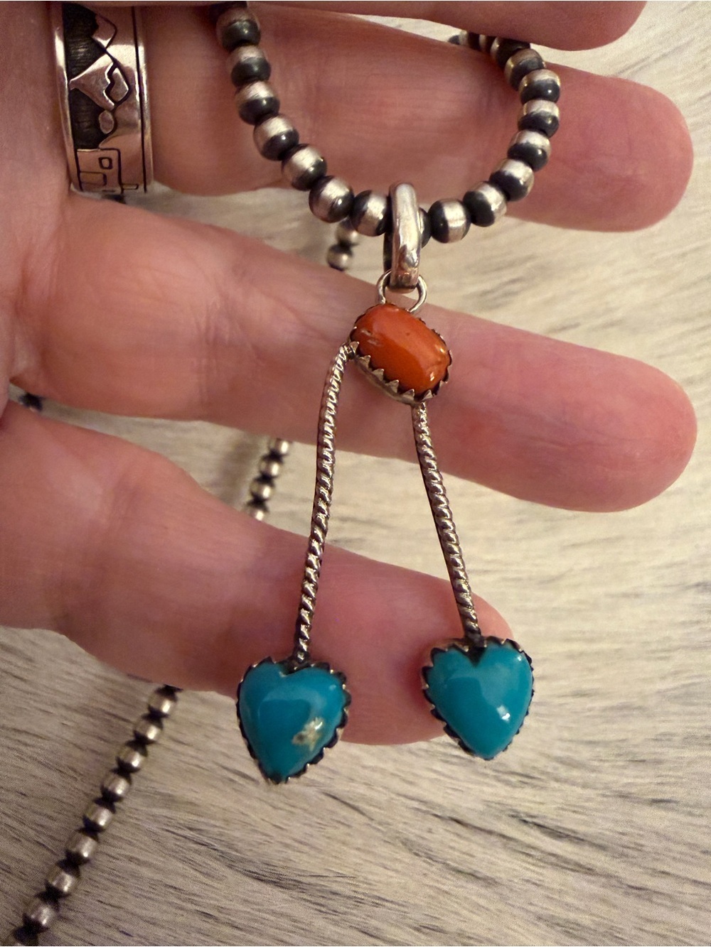 ❤️ Kingman Turquoise & Red Coral Cherry Style Sterling Silver Pendant 1.81”L